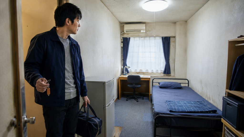 鍵と少ない荷物を持ち、狭く古いが普通の期間工寮の個室へ初めて入って室内を見回す30代男性