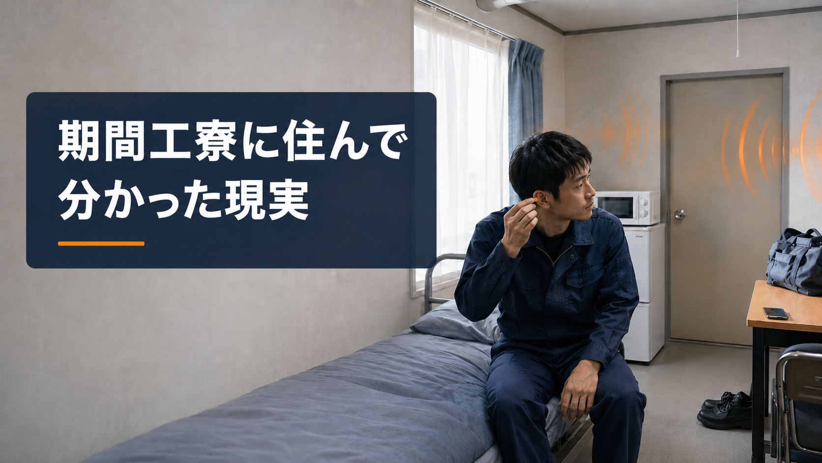 古いが清潔な期間工寮の個室で、耳栓を手に生活音を気にする30代男性と家具・家電が見える室内