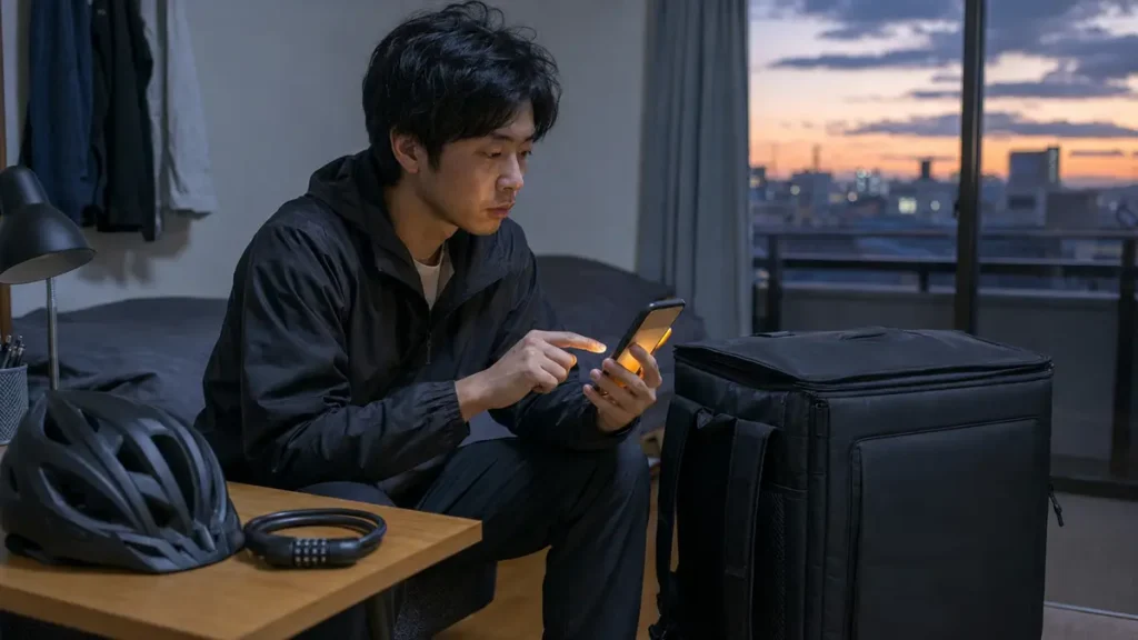 フードデリバリー初日に配達アプリをオンラインにするか迷う男性