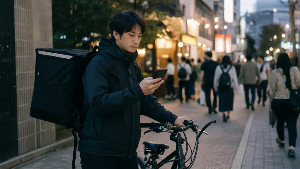夕方の飲食店街で最初の注文を待ちながらスマートフォンを確認する男性配達員