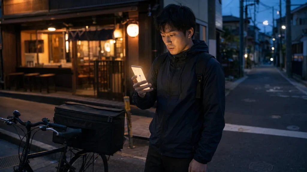 フードデリバリー初日に最初の注文通知を見て驚く男性配達員