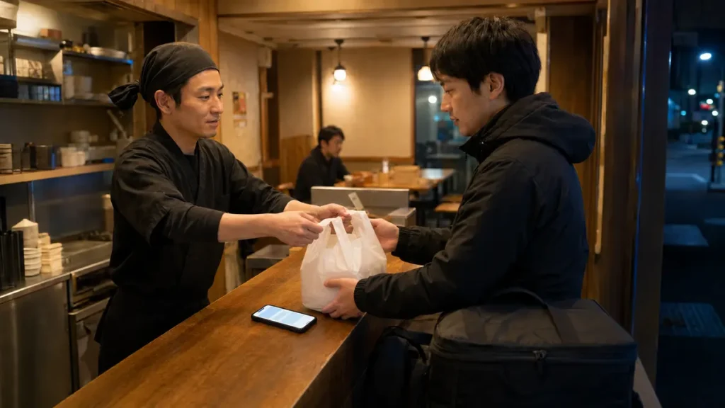 小さな飲食店で初めての商品を受け取るフードデリバリー配達員