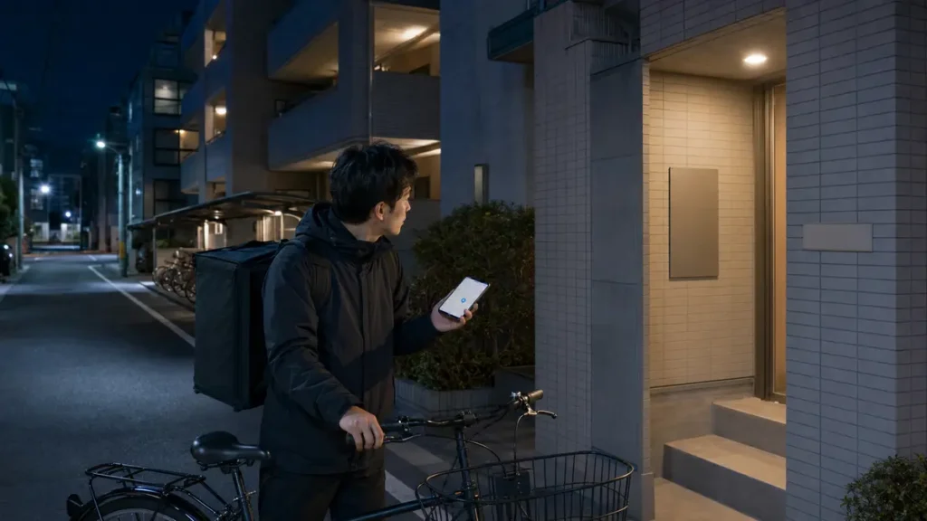 夜の住宅街で配達先のマンションをスマートフォンの地図と見比べる男性配達員