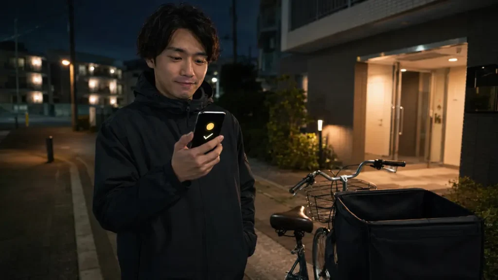 配達を終えたマンション前で初めての報酬をスマートフォンで確認する男性配達員