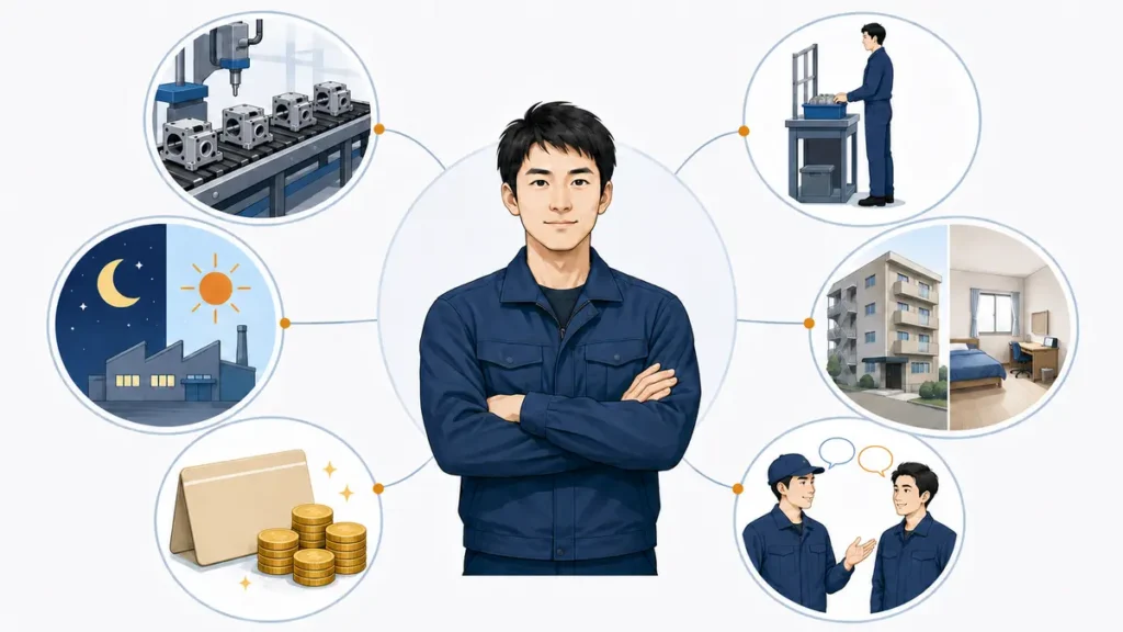 期間工に向いている人の特徴として、反復作業、立ち仕事、夜勤、寮生活、貯金、人間関係を示した図解