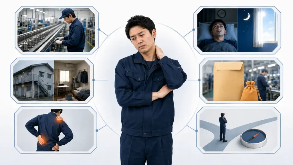 期間工に向いていない人の特徴として、単調作業、不眠、寮生活、身体痛、収入目的、働く目的の曖昧さを示した図解