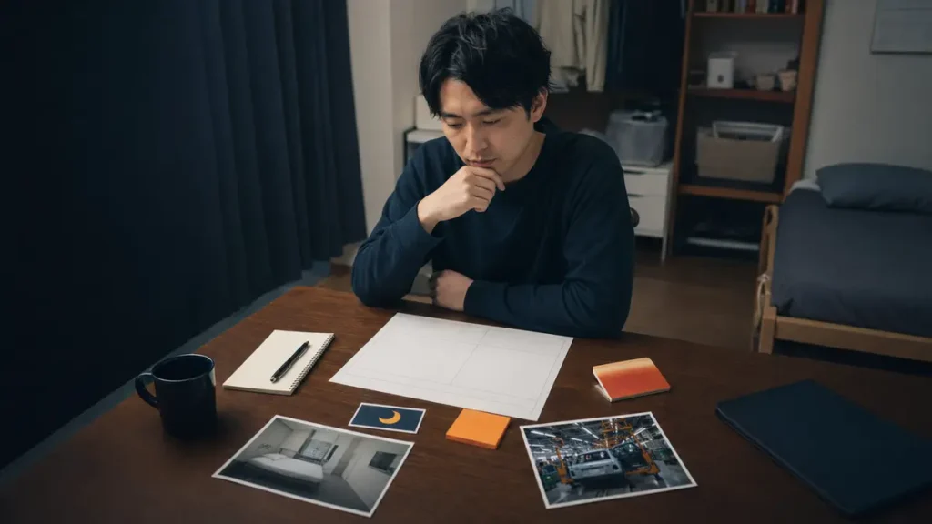 「期間工の求人票と寮や工場の写真を見ながら、自分に合う仕事か検討する30代男性」
