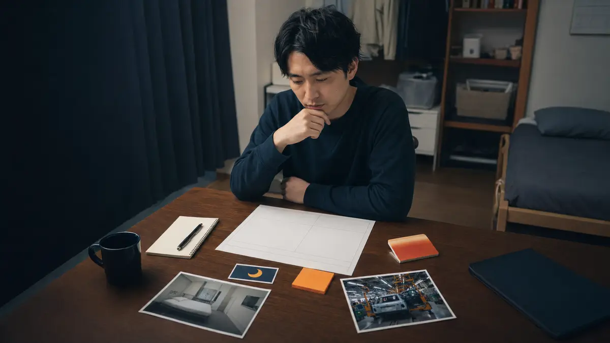 期間工の求人票と寮や工場の写真を見ながら、自分に合う仕事か検討する30代男性