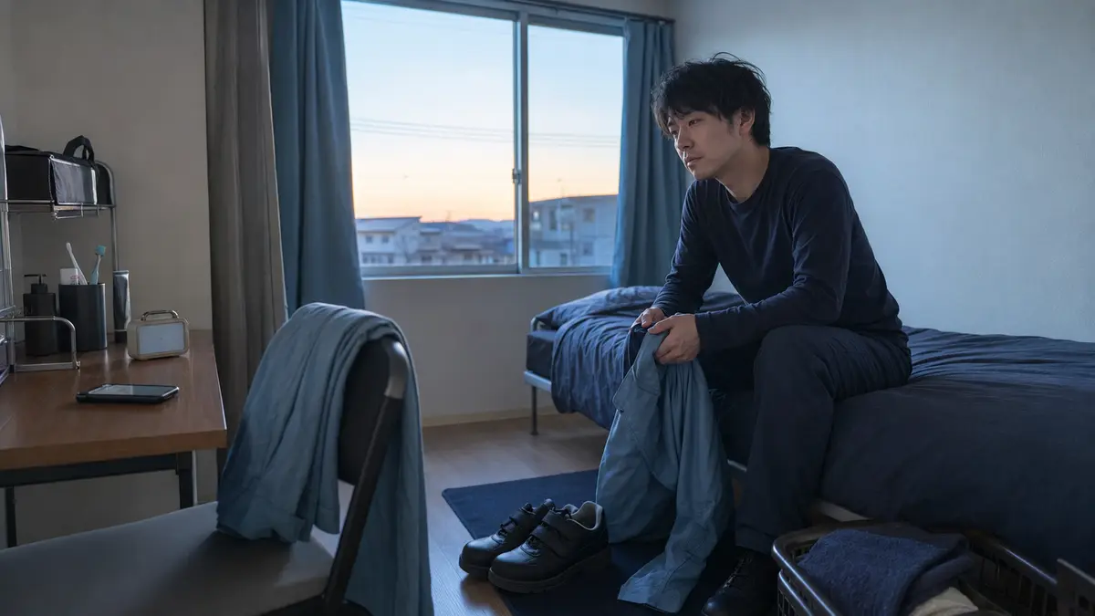 早朝の期間工寮で作業着に着替える準備をする男性