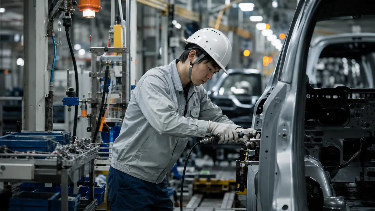 日本の自動車工場のラインで車体部品を取り付ける男性期間工