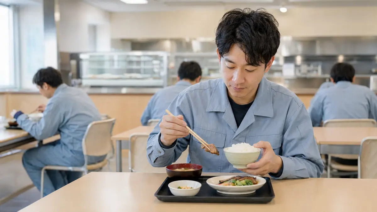 日本の自動車工場の社員食堂で定食を食べる男性期間工