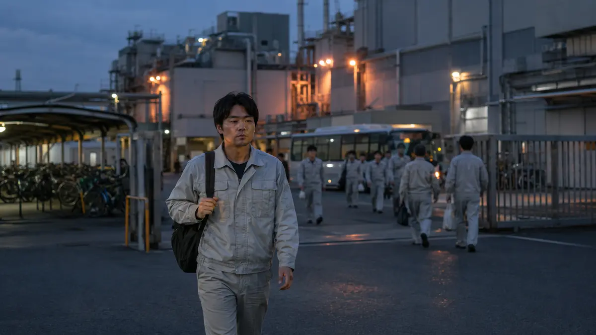 残業を終え、夕方の自動車工場から出てくる男性期間工