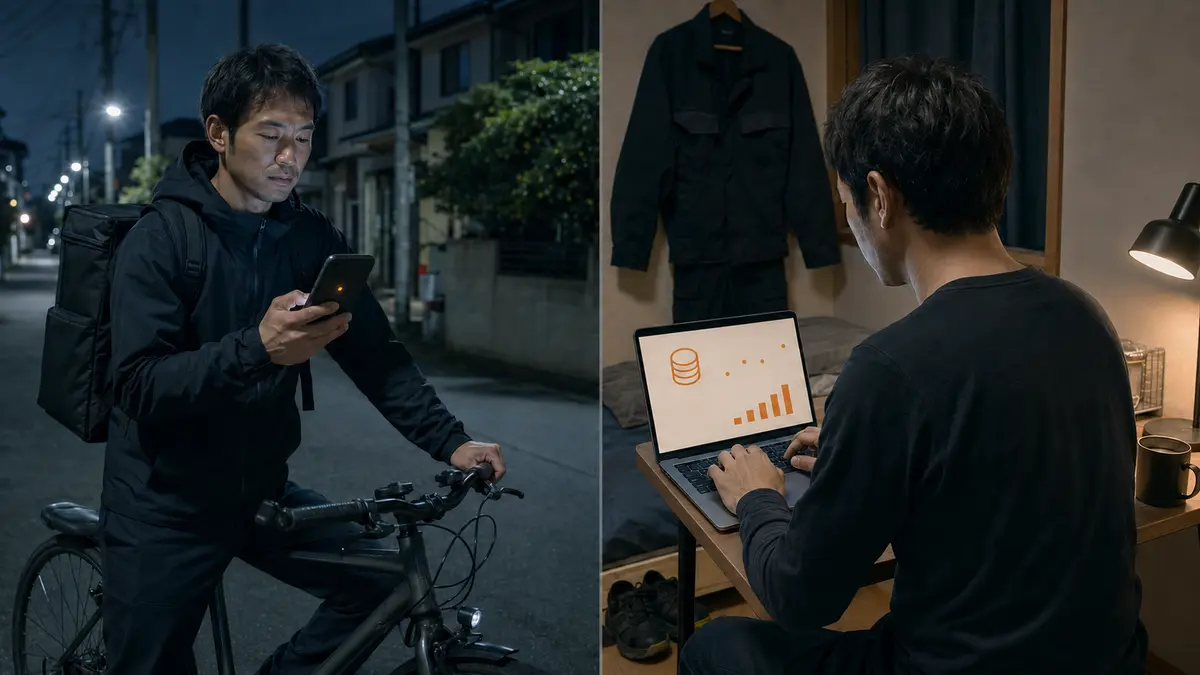 夜にフードデリバリーをし、期間工寮でブログを書くことで小さな副収入を作り始めた30代男性