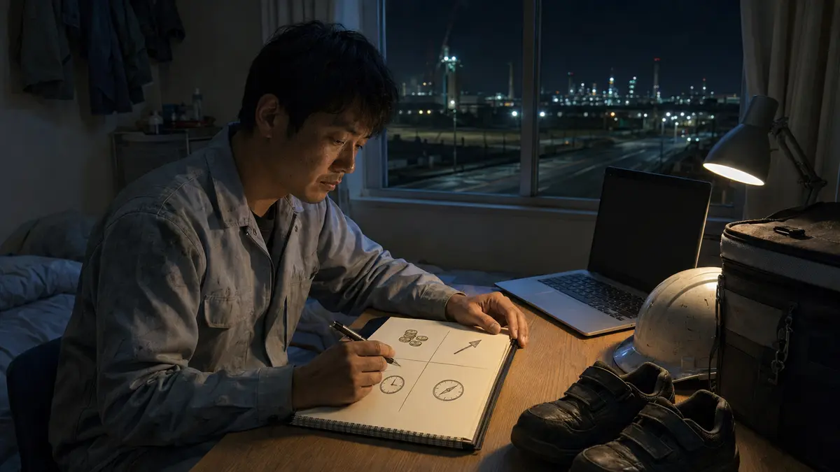 深夜の期間工寮で、貯金や副収入など今後の計画を書き始める30代男性