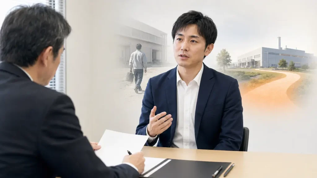 期間工の採用面接で、前職への不満を見せず退職理由を説明する30代の応募者