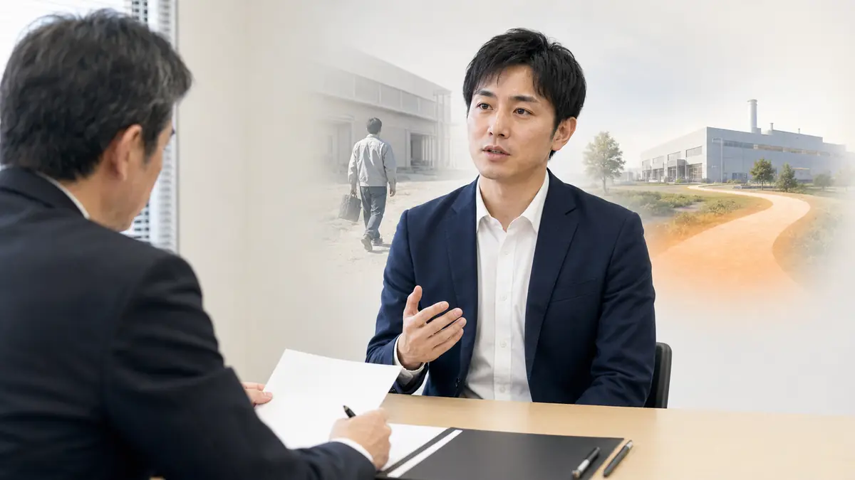 期間工の採用面接で、前職への不満を見せず退職理由を説明する30代の応募者