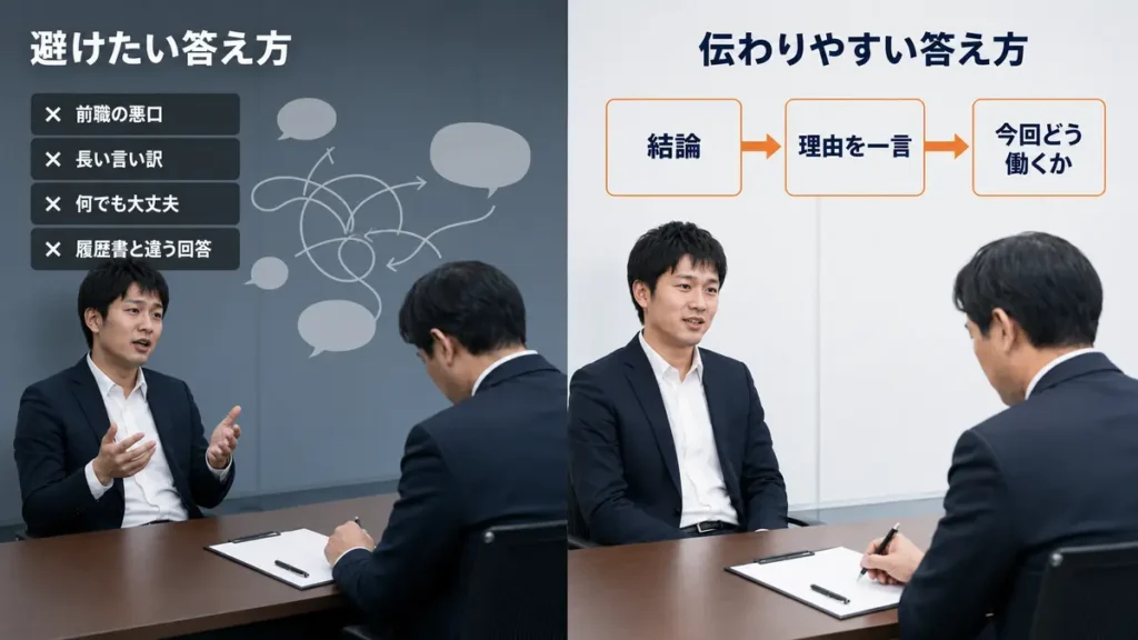 期間工面接における感情的で分かりにくい回答と、要点を整理した伝わりやすい回答の比較