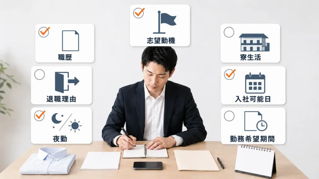 期間工面接の前日に、履歴書や求人票を見ながら7つの確認項目を整理する30代の応募者」