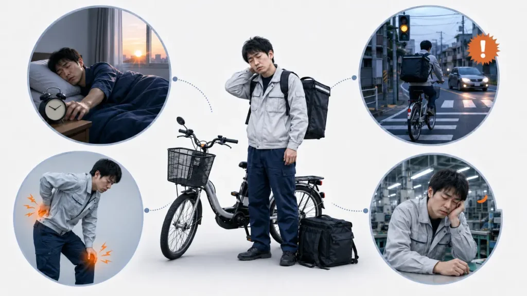 夜勤明けに配達することで生じる睡眠不足、体力消耗、事故リスク、本業への影響を整理した図解