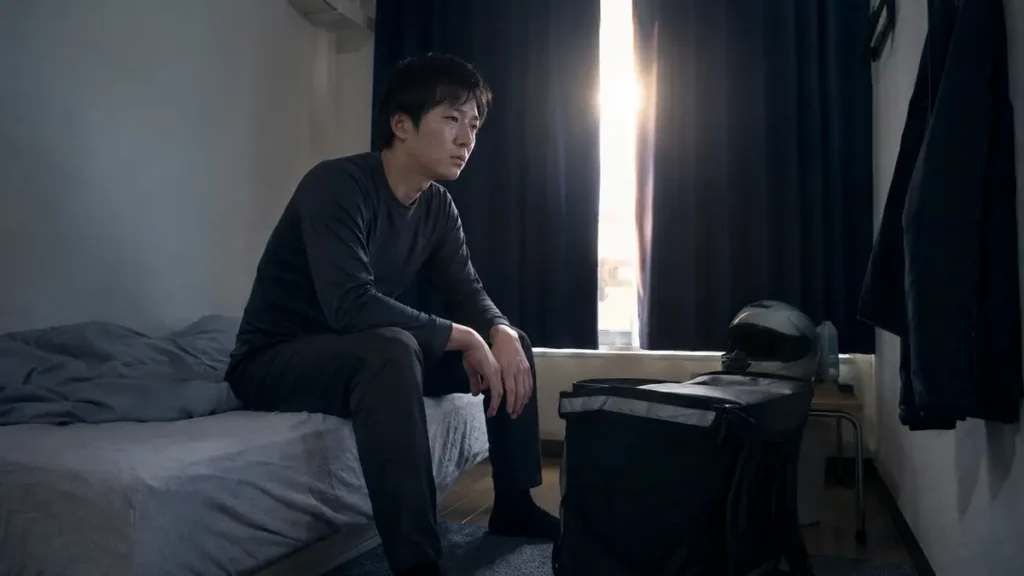 夜勤と配達を終えた後、昼に近づく日差しの中で眠れず、寮のベッドに座る30代男性」