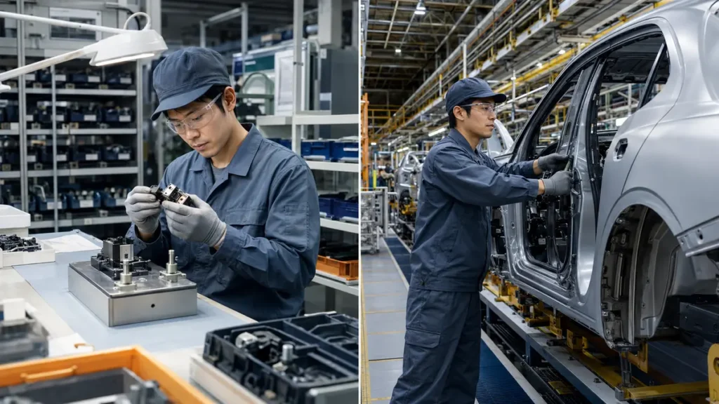 「小型部品を扱う部品メーカー系期間工と、大きな車体を組み立てる完成車メーカー系期間工の比較」