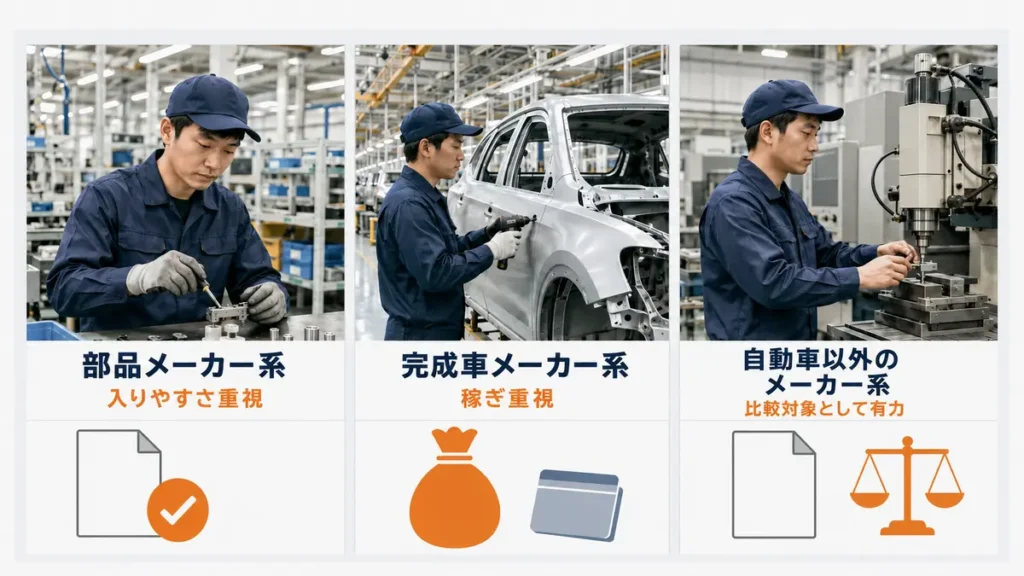 部品メーカー系、完成車メーカー系、自動車以外のメーカー系を比較した期間工会社選びの図解」