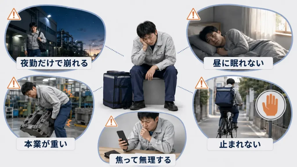 夜勤だけで体調が崩れる、昼に眠れない、本業が重い、配達を止められない、金銭的な焦りで無理をする人の特徴を整理した図解」