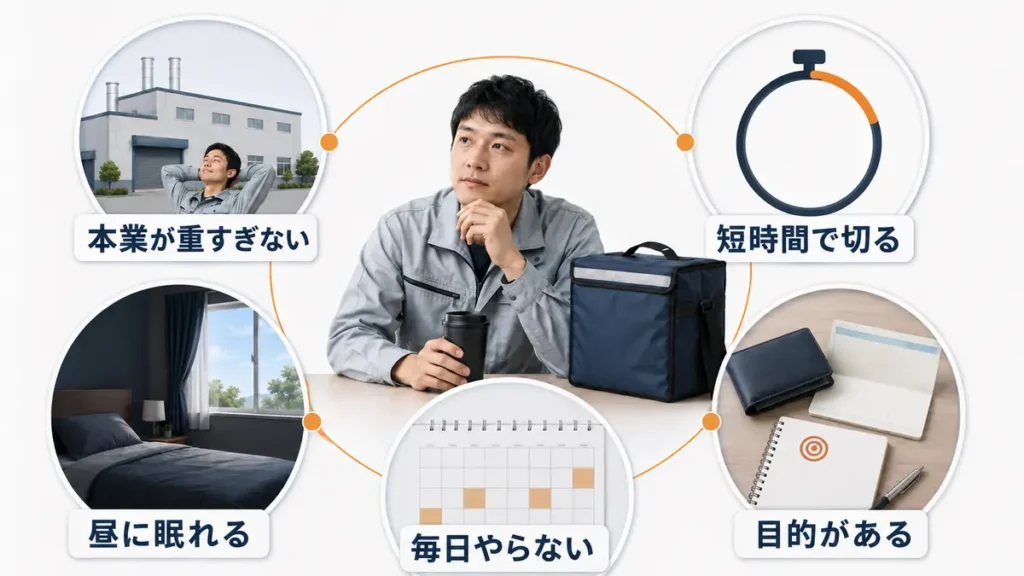夜勤明け配達が成立しやすい、本業負担が軽く、短時間で切り上げ、昼に眠れ、毎日配達せず、目的が明確な男性の特徴