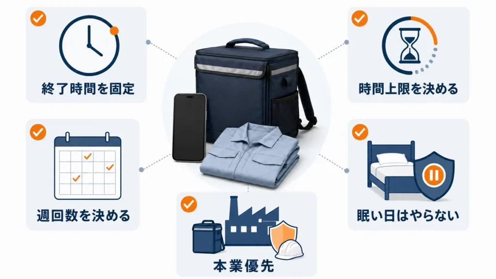 夜勤明け配達を続ける際の終了時間、時間上限、週回数、眠気、本業優先のルールを整理したチェックリスト図解