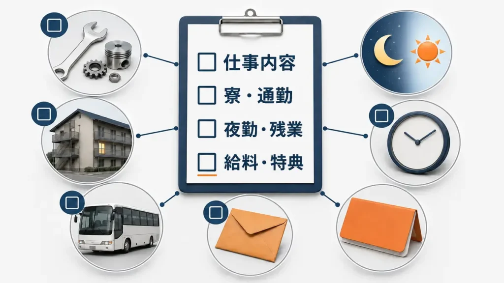 「初めての期間工で確認したい仕事内容、寮、通勤、夜勤、残業、給料、入社特典を整理したチェックリスト」
