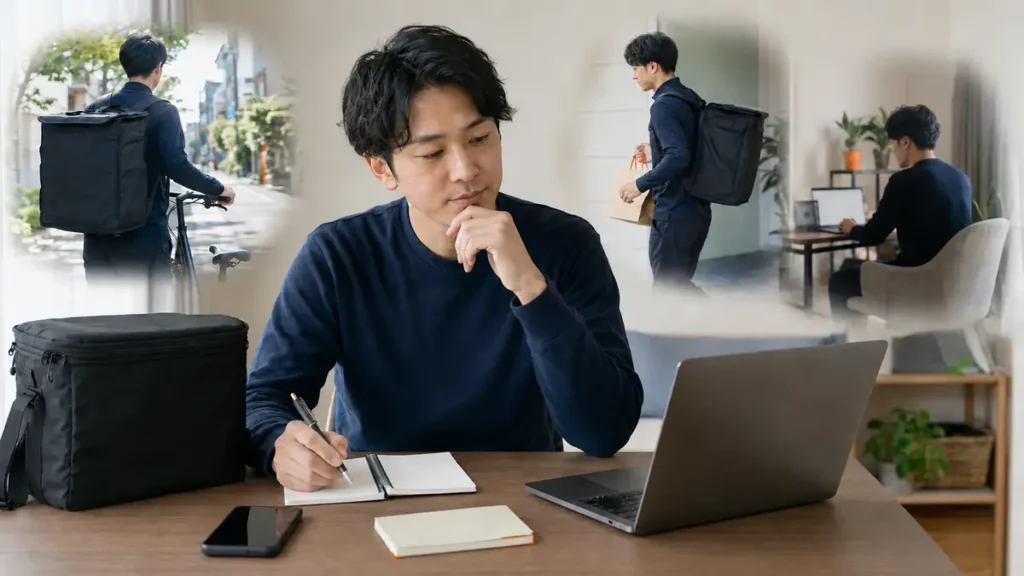 配達やブログなど複数の副収入を、机で現実的に比較検討する30代の日本人男性