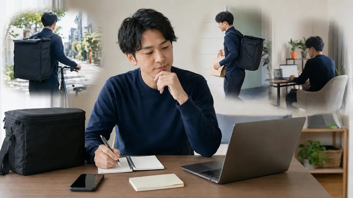 配達やブログなど複数の副収入を、机で現実的に比較検討する30代の日本人男性