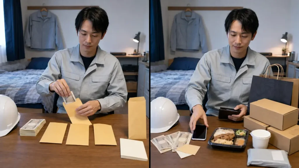 期間工の満了金を貯金する男性と、スマホや外食、通販に使う男性の比較