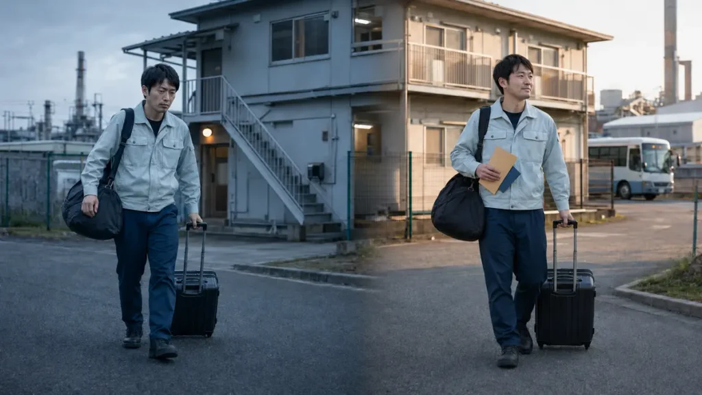 期間工を途中退職して寮を出る男性と、契約満了後に手当や貯金を残して退寮する男性の比較