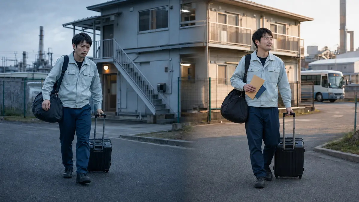 期間工を途中退職して寮を出る男性と、契約満了後に手当や貯金を残して退寮する男性の比較