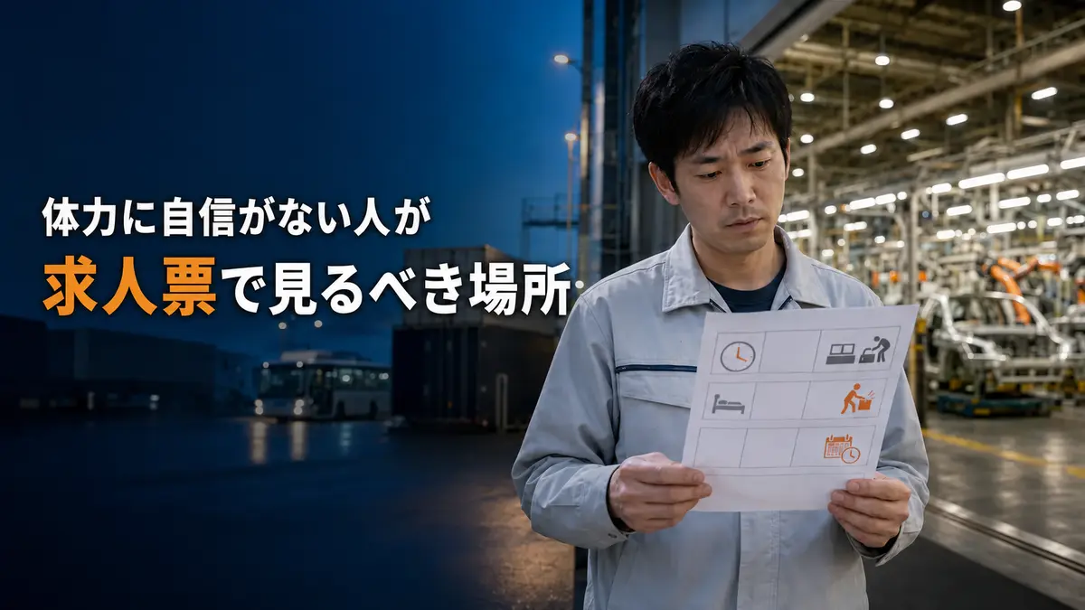 夜明け前の自動車工場で求人票を確認する30代の期間工応募者
