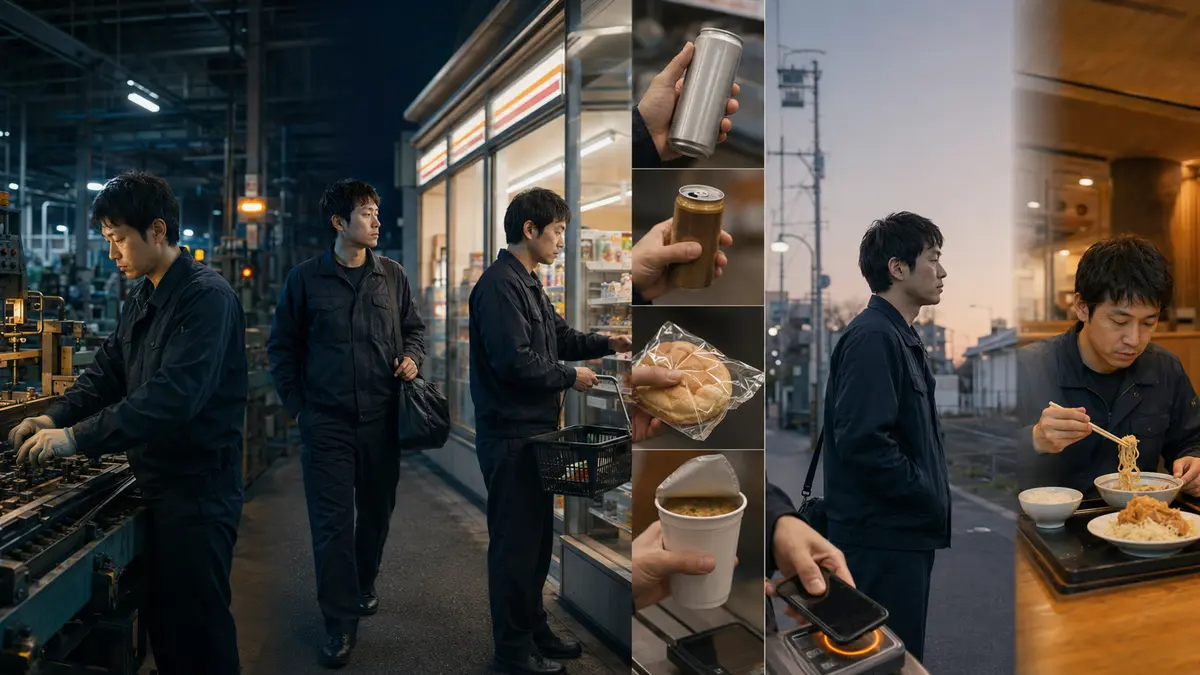 夜勤後にコンビニ飲料や軽食、外食への少額支出を重ねる期間工男性