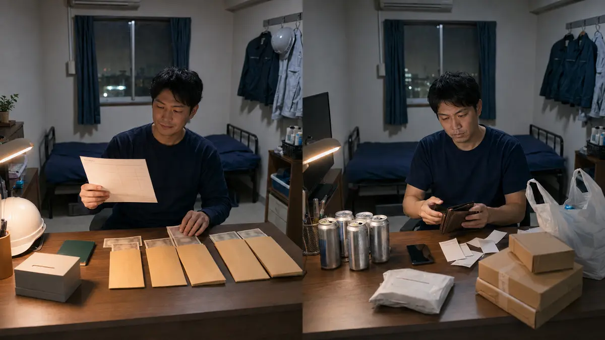 期間工の寮で給料を貯金用封筒に分ける男性と、日常的な出費で財布の中身が減った男性の比較