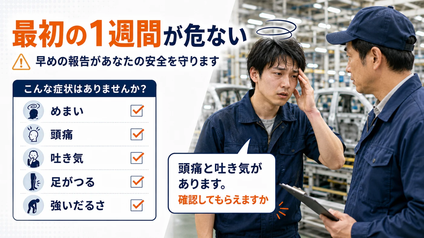 期間工入社後の最初の1週間に熱中症症状を班長へ報告する場面