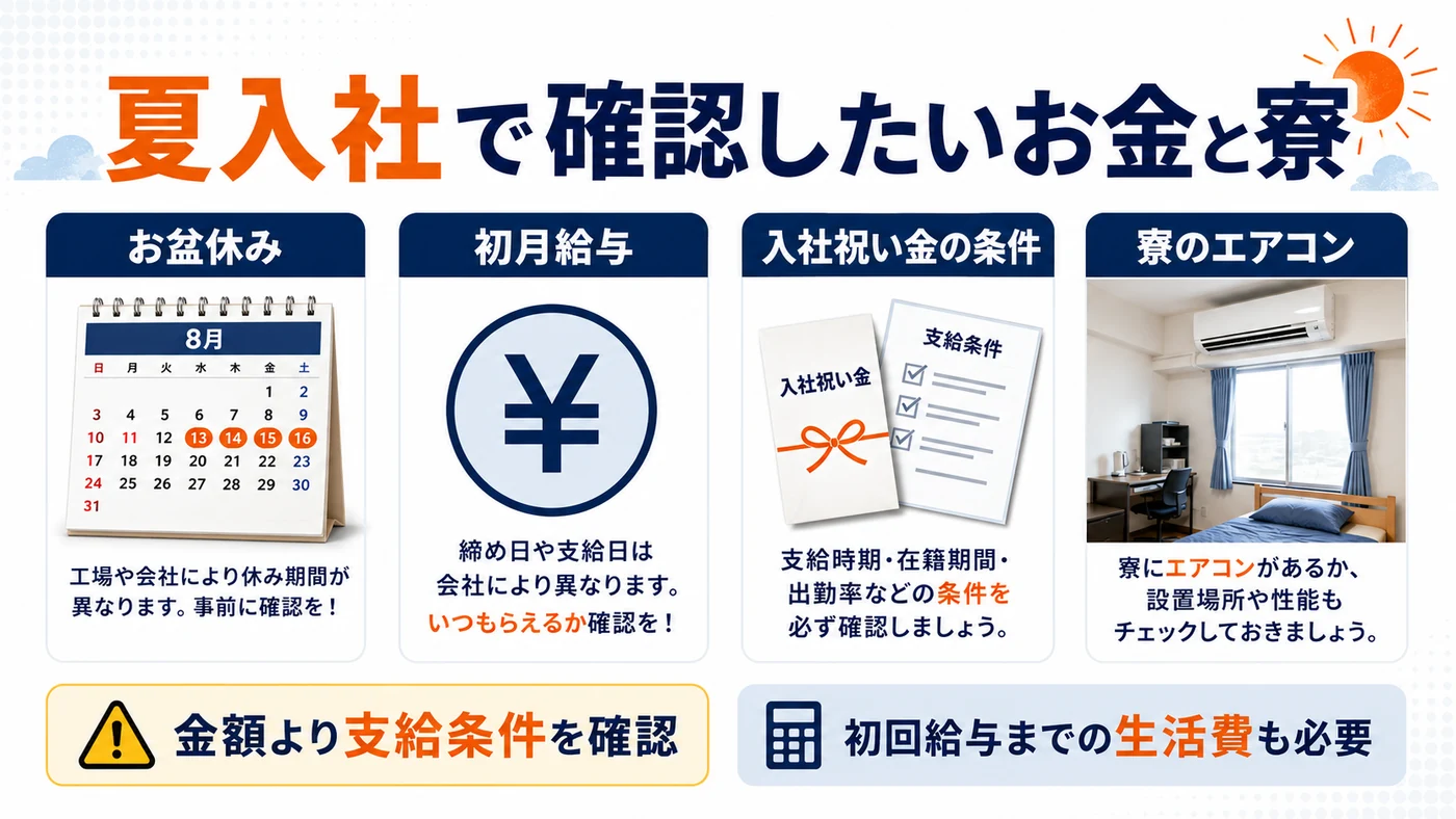 夏の期間工入社で確認したいお盆休み、初月給与、入社祝い金、寮のエアコン