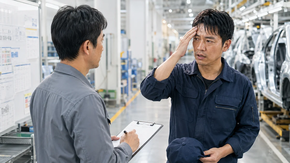 工場で頭痛とめまいを班長へ伝える男性期間工