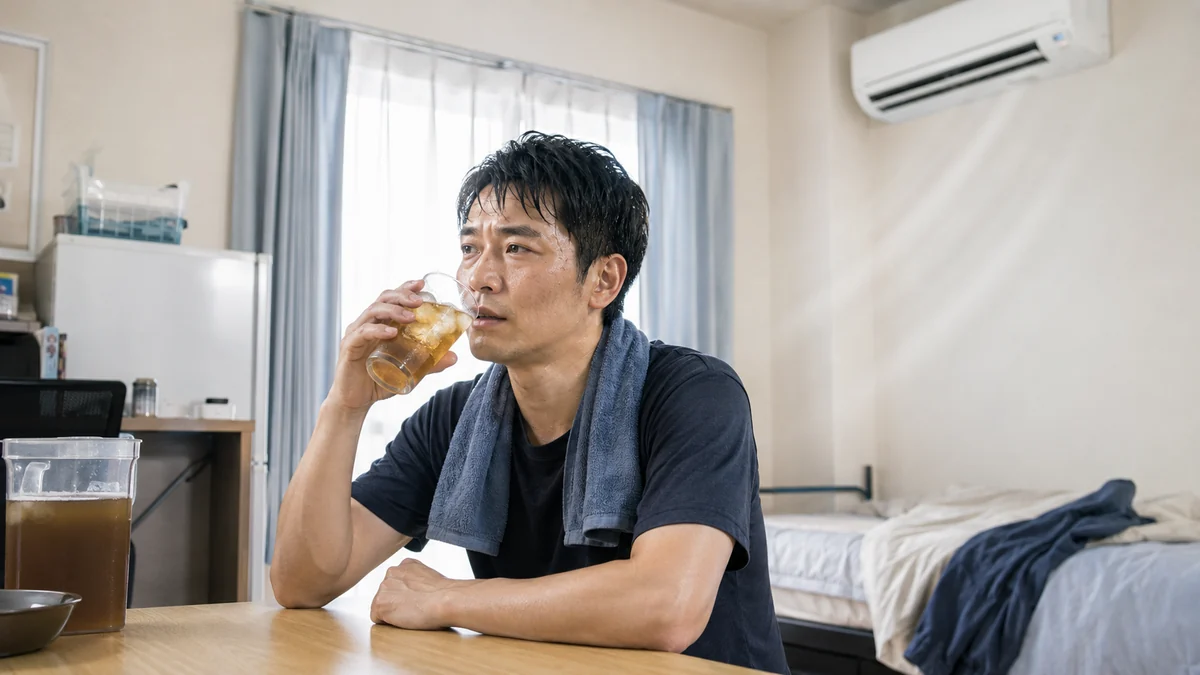 工場勤務後に寮で水分補給する男性期間工