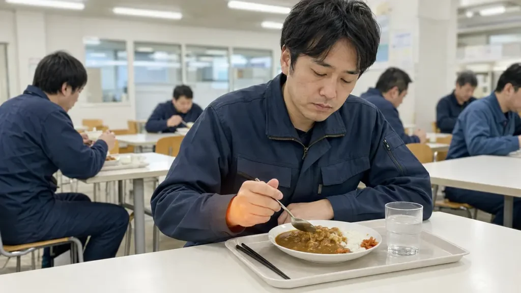 腱鞘炎で箸を使いにくくなり、社員食堂でカレーを食べる男性期間工
