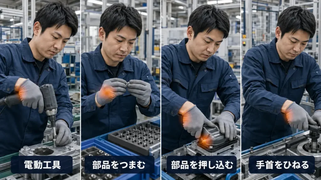 腱鞘炎につながりやすい電動工具、つまみ、押し込み、ひねり作業