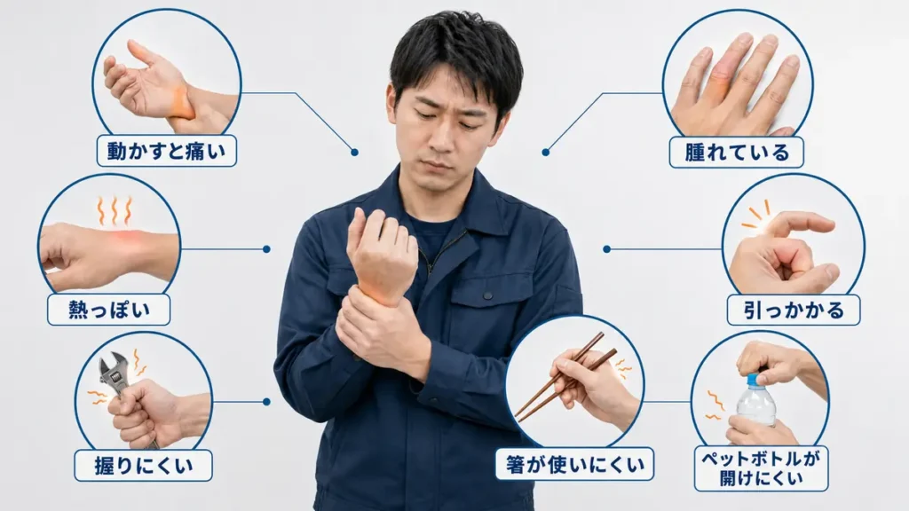 痛みや腫れ、握りにくさなど早めに相談したほうがいい症状