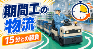 期間工が電動運搬車で部品を供給する物流工程。1周15分との勝負