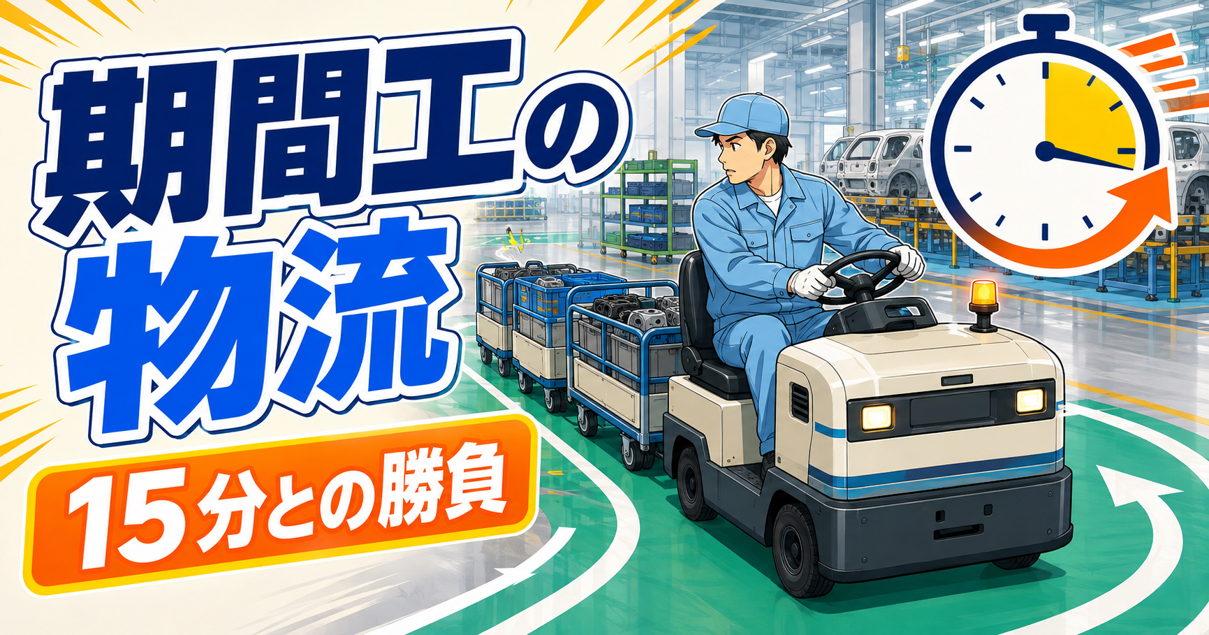期間工が電動運搬車で部品を供給する物流工程。1周15分との勝負