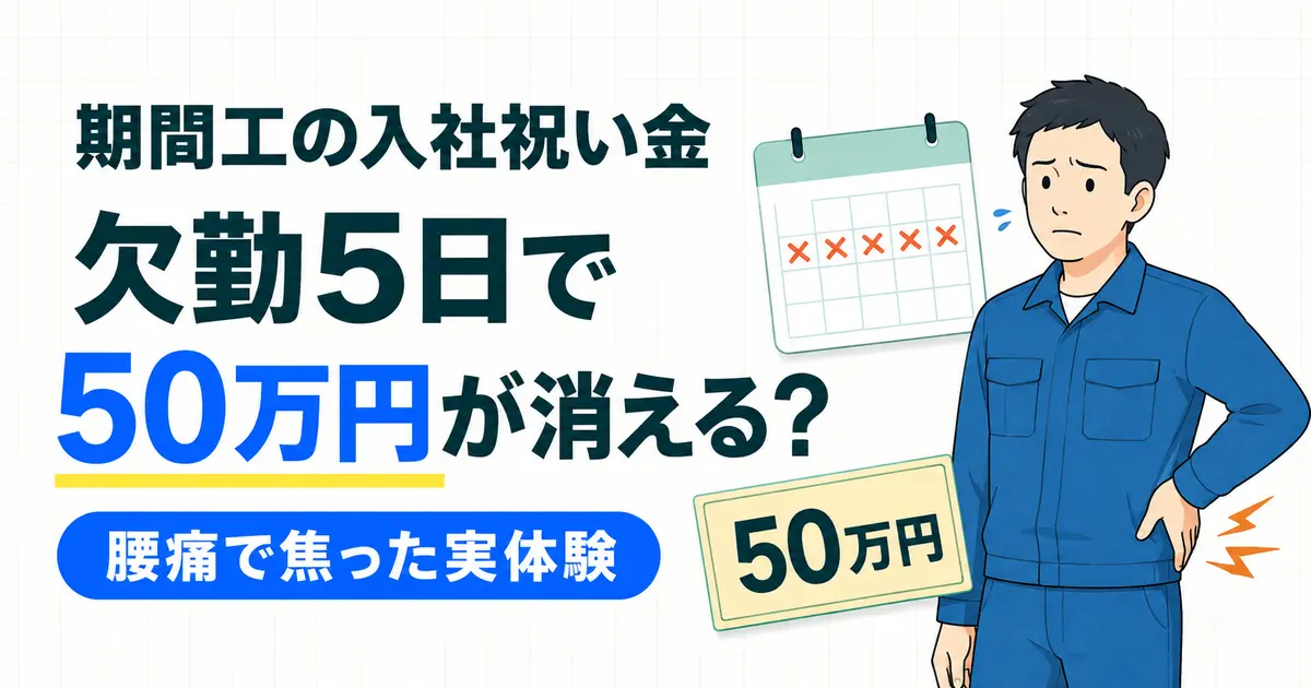 欠勤条件を気にしながら腰痛に悩む男性期間工と入社祝い金50万円のイラスト