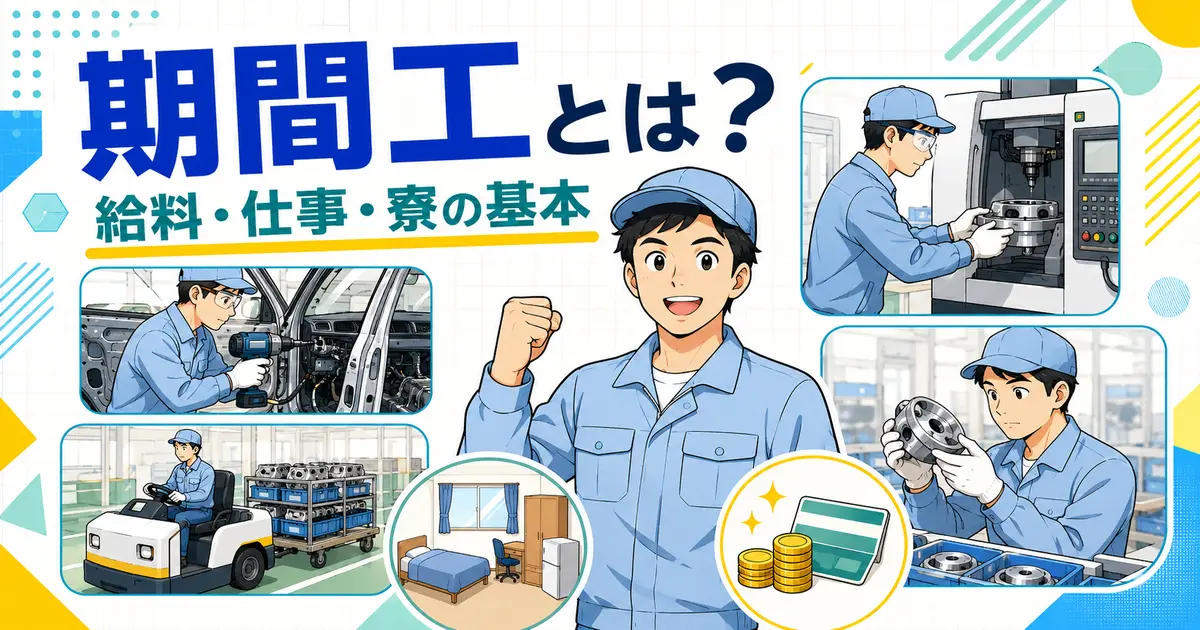 期間工の給料・仕事・寮の基本を表したイラスト
