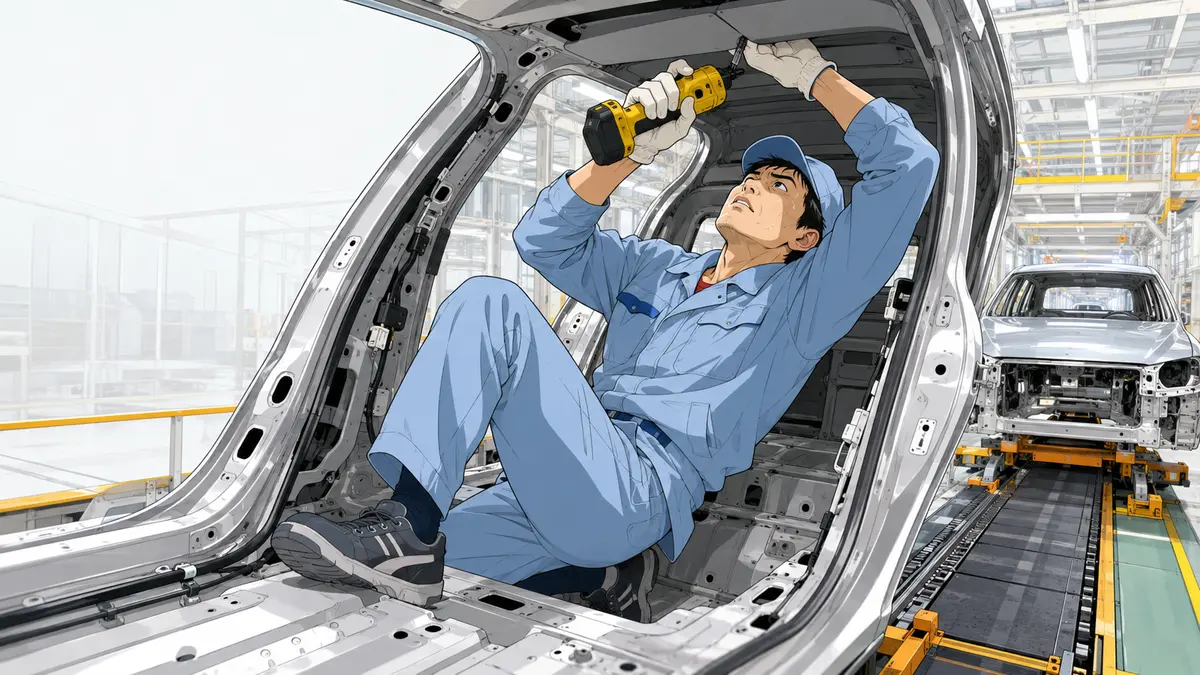 自動車のトリム工程で車内へ入り、上を向いてインパクトドライバーを使う期間工